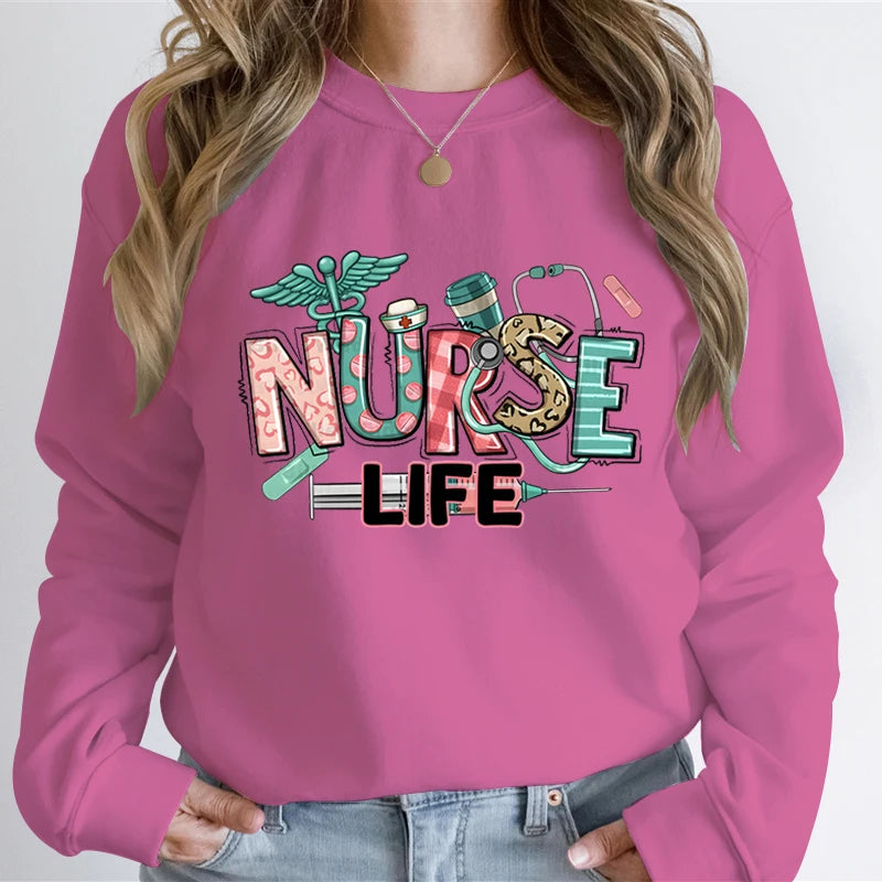 Woman Clothing Nurse Life Cartoon Classic Design Sweatshirts Nurse Gifts Autumn Hoodies Registered Nurse Gift Cartoon Sweatshirt