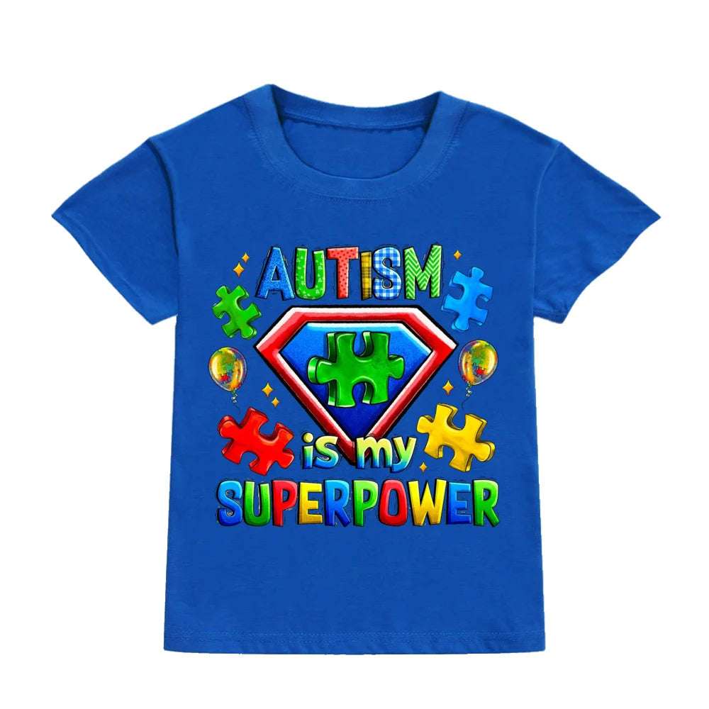Autism Is My Superpower Kids Tshirt Autism Awareness Youth Shirt Toddler Short Sleeve Clothes Colorful Puzzle Boys Tee