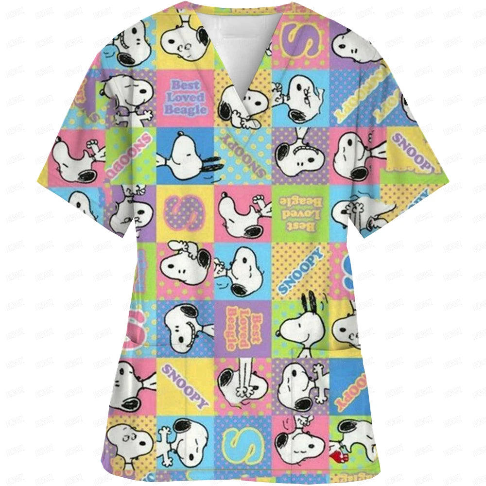 Snoopy print Working Nurse Uniform Women Short Sleeve Pocket Blouse Scrubs Tops Nursing Medical Accessories oversized tshirt