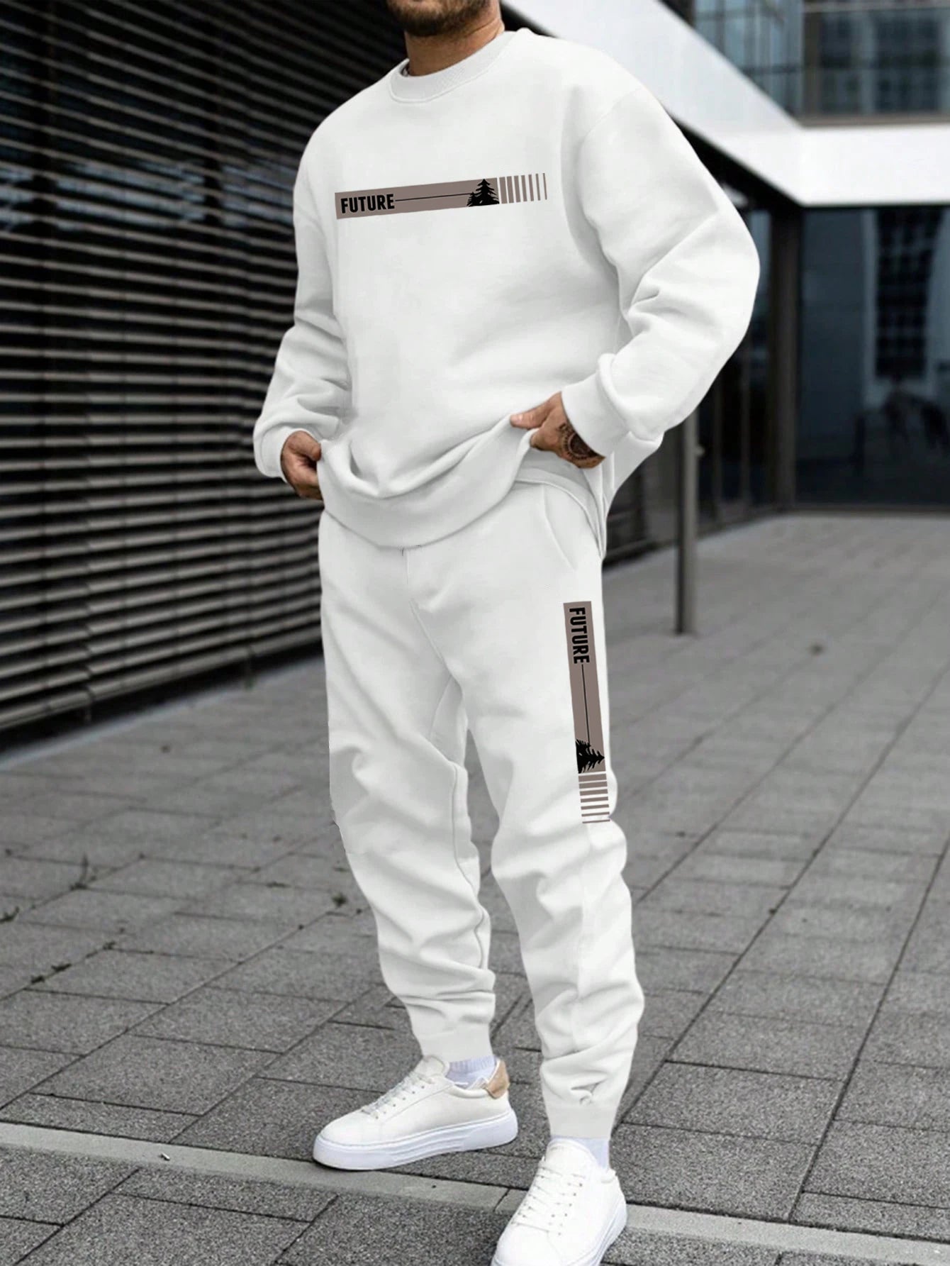 Men's Autumn and Winter Set With Future Print Casual Long Sleeve Pants Two-pieces Suit Comfortable Sportswear Suit Crew Neck