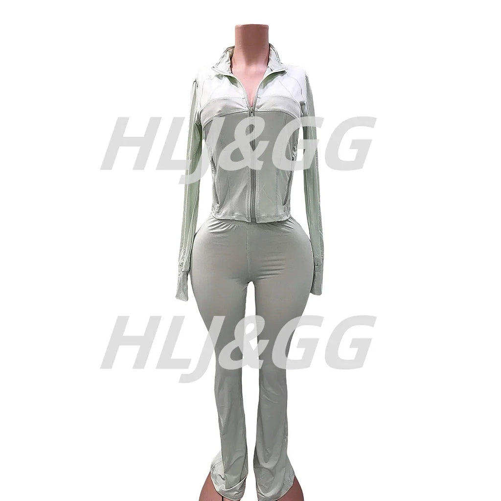 HLJ&GG Casual Solid Sporty Two Piece Sets Women Zipper Long Sleeve Slim Top And Skinny Pants Outfits Spring New 2pcs Tracksuits