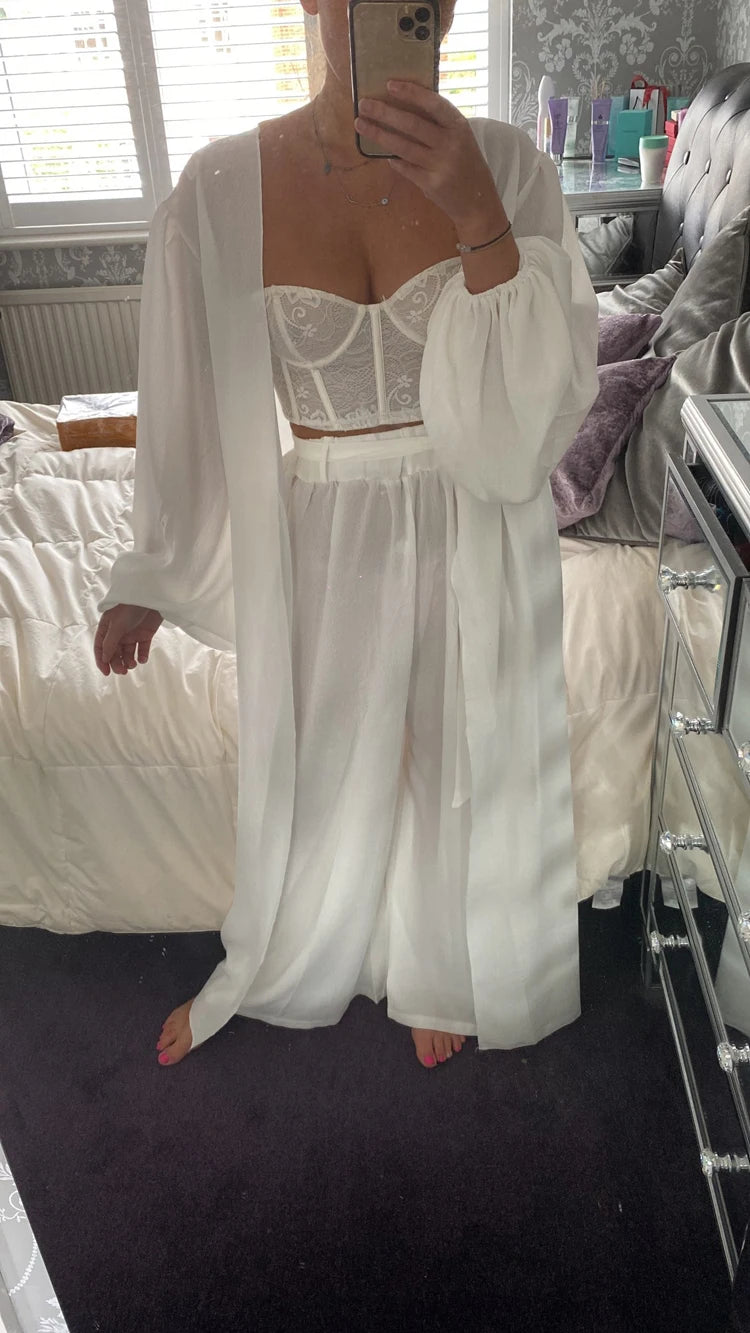 Women 3 Piece Sets Homewear Fashion Casual Lantern Sleeve Cardigan Tops+Wide Leg Pants Suits Lady Spring Soft Three Piece Outfit