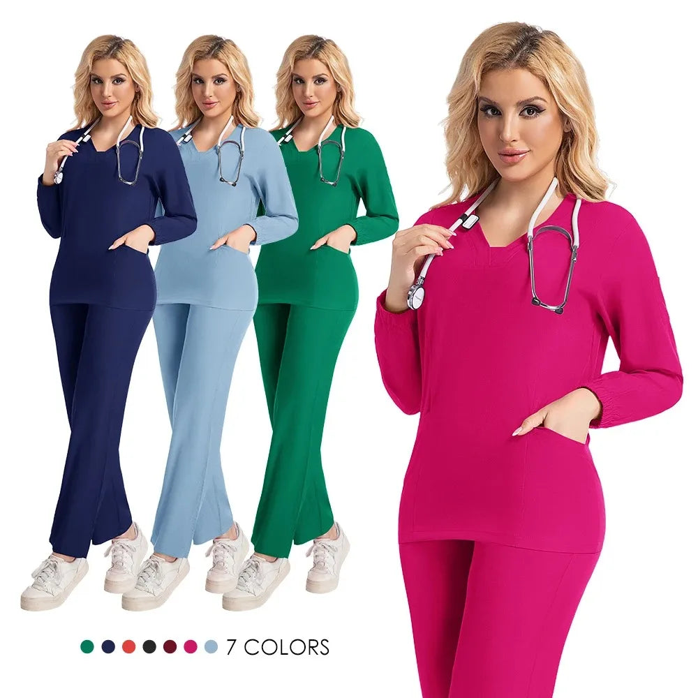 Long sleeves Scrubs Medical Scrub Soft Breathable Jogger Pants Set Surgical Uniforms Woman NursingClinical Doctor Workwear