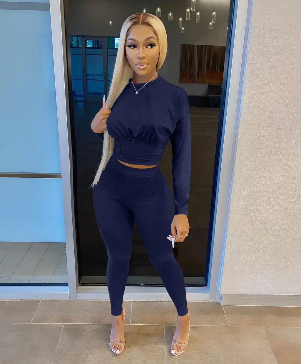 New Autumn Women's Pure Color Sports Waist Suit Fashion Casual Two-piece Set