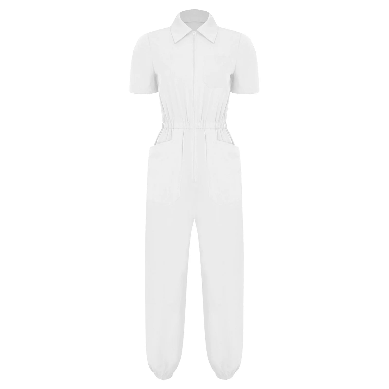 Womens Short Sleeve Scrubs Jumpsuit Front Zipper Elastic Waist Jogger Pants Rompers Nurse Doctor Workwear for Caring Nursing