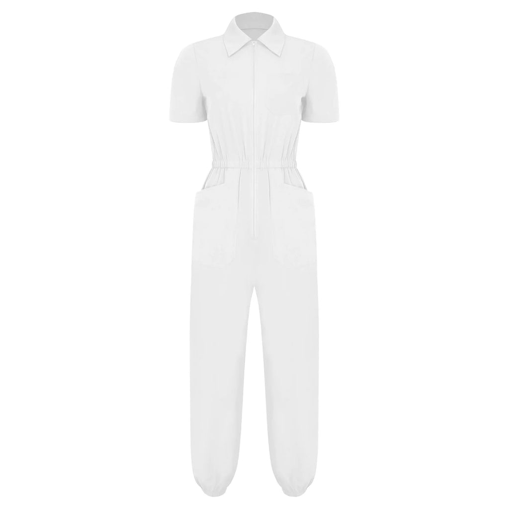 Women Scrub Jumpsuit Nurse Doctor Medical Esthetician Workwear Short Sleeve Multi-pockets Elastic Waist Jogger Pants Rompers