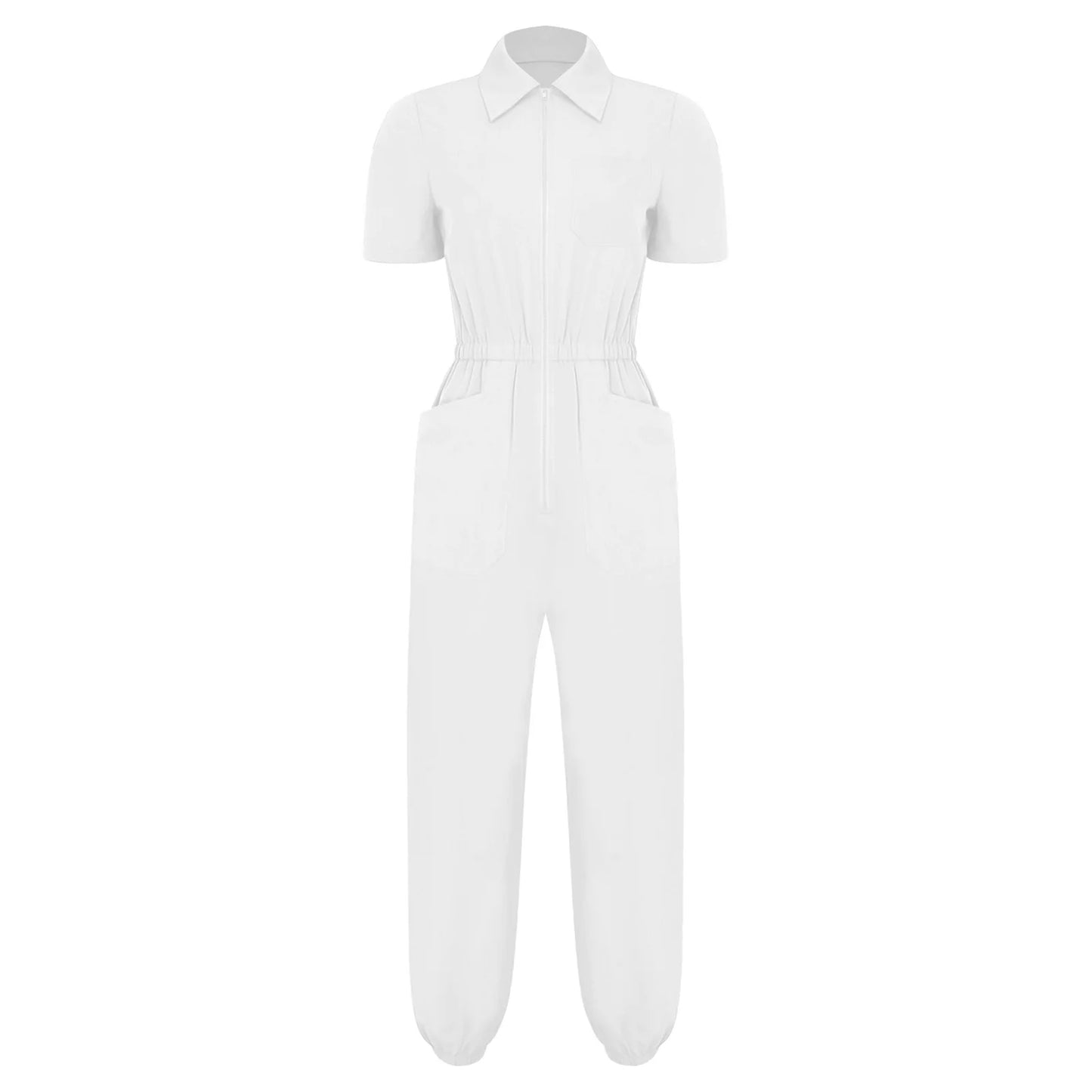 Women Scrub Jumpsuit Nurse Doctor Medical Esthetician Workwear Short Sleeve Multi-pockets Elastic Waist Jogger Pants Rompers