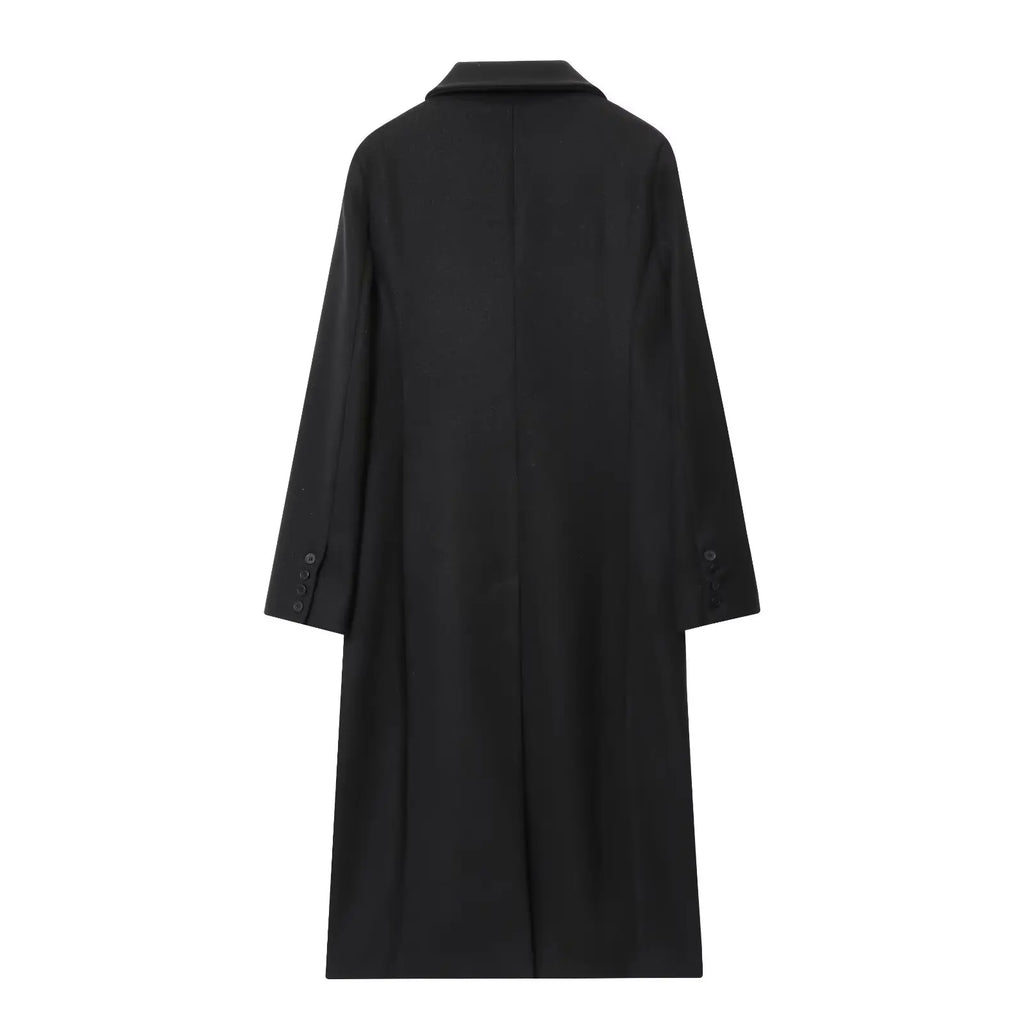 HH Female Autumn Winter Fashion Woolen Long Coat Woman Casual Turn-Down Collar Long Sleeves Pockets Double Breasted Coat