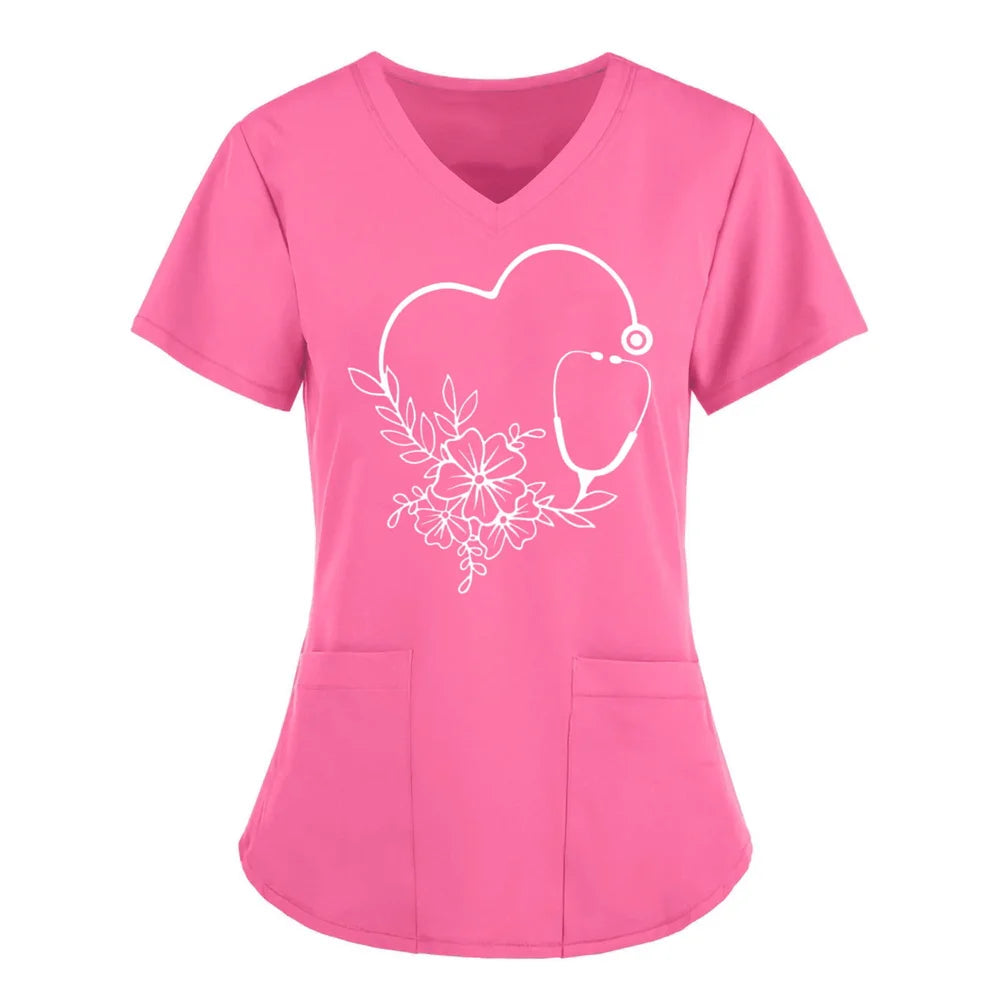 Women T-shirt Working Uniform Print Pocket Pet Grooming Nurse Uniform Clothing Hospital Solid Short Sleeve Spa V-Neck Scrub Tops