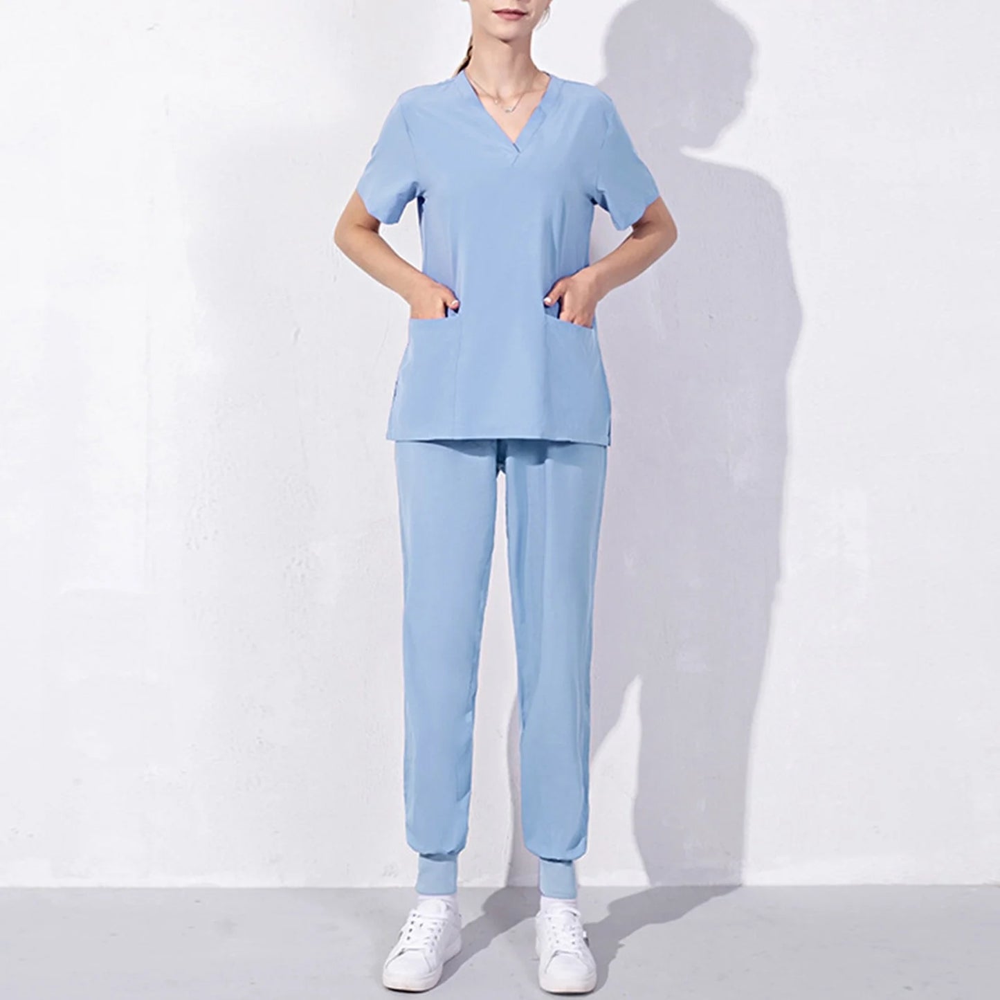 Nursing Uniforms Two Piece Unisex Shorts Scrub Sets Sleeve Pocket Top Tee Loose Pants Beauty Salon Workwear Overalls Plus Size