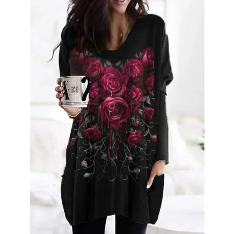 Plus Size Women's Fashion Christmas Printed Pocket Long Sleeved T-shirt Ladies Casual Autumn Winter Home Clothes Long Tee Tops