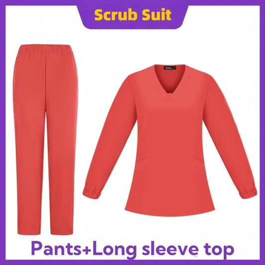 NEW Scrub Tops Pants V-neck Surgical Uniform Long Sleeved Surgery Clothes Suit Pet Grooming Nursing Scrub Set Dentistry Workwear