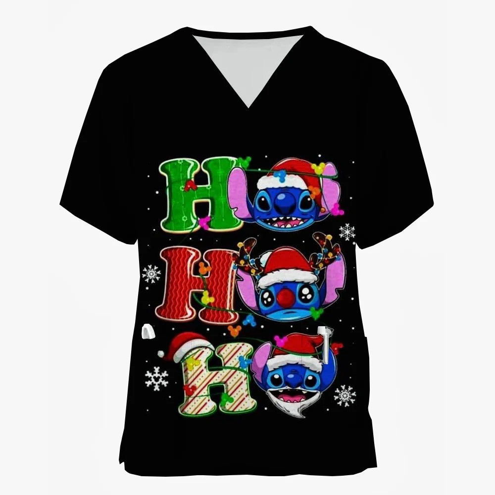 Nurse Uniforms Women Merry Christmas Print Short Sleeve Stitch Scrubs Working Medical Blouse Overalls Uniforms Medical Nursing
