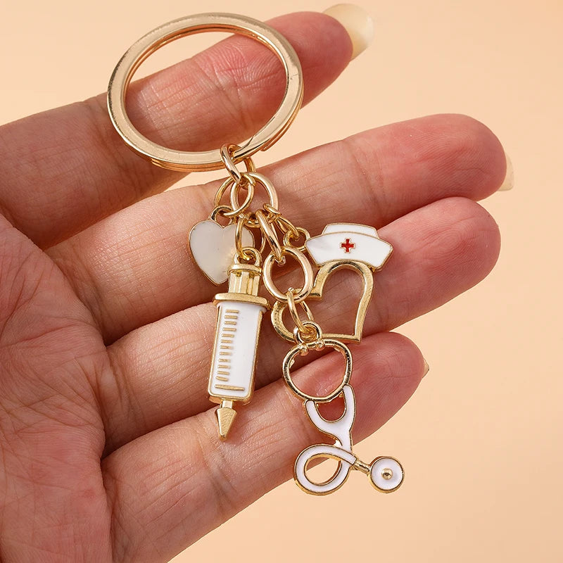 Cute Enamel Doctors Medical Stethoscope Syringe Keychain Nurse Hat Key Rings for Men Women Handbag Pendants DIY Jewelry Gift