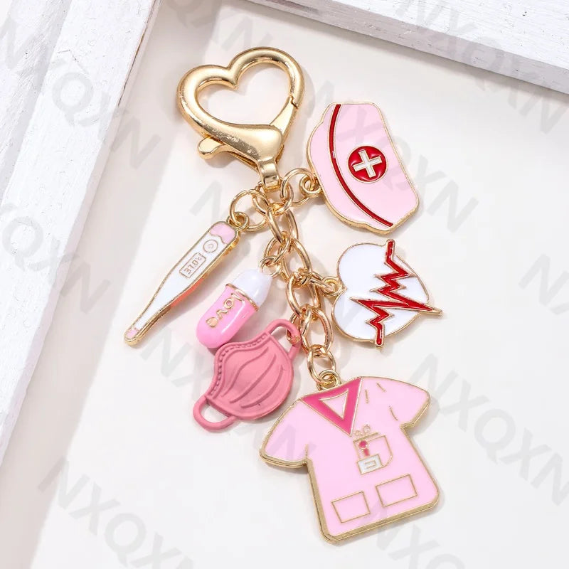 Cartoon Heart Nurse Hat Uniform Thermometer Enamel Keychain Capsule Doctor Key Ring For Women Men Gift Handmade Jewelry Set