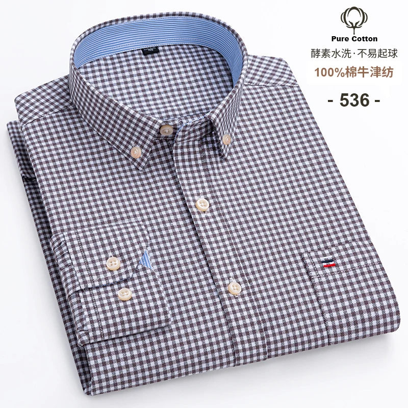 New S-7XLCotton Oxford Shirt For Mens Long Sleeve Plaid Striped Casual Shirts Male Pocket Regular-Fit Button-Down Work Man Shirt