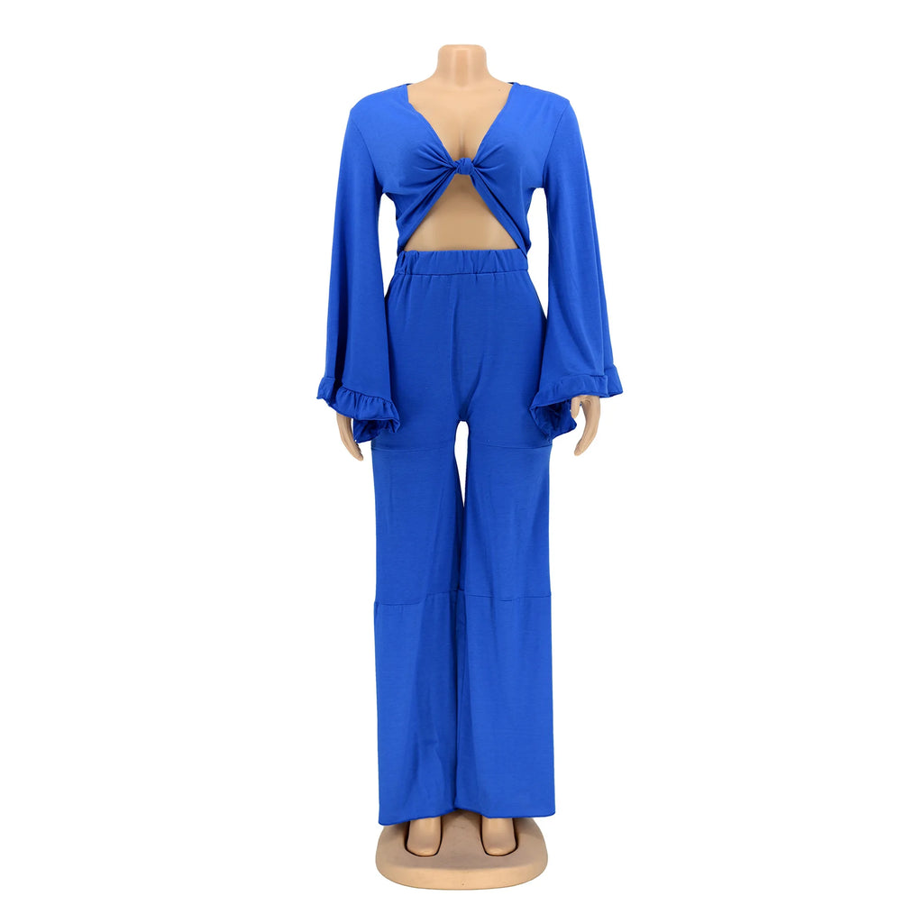 Casual Spring And Autumn For Women's Solid Color Long Sleeved Chest Wrap Top and Wide Leg Trousers Female Office 2 Piece Set