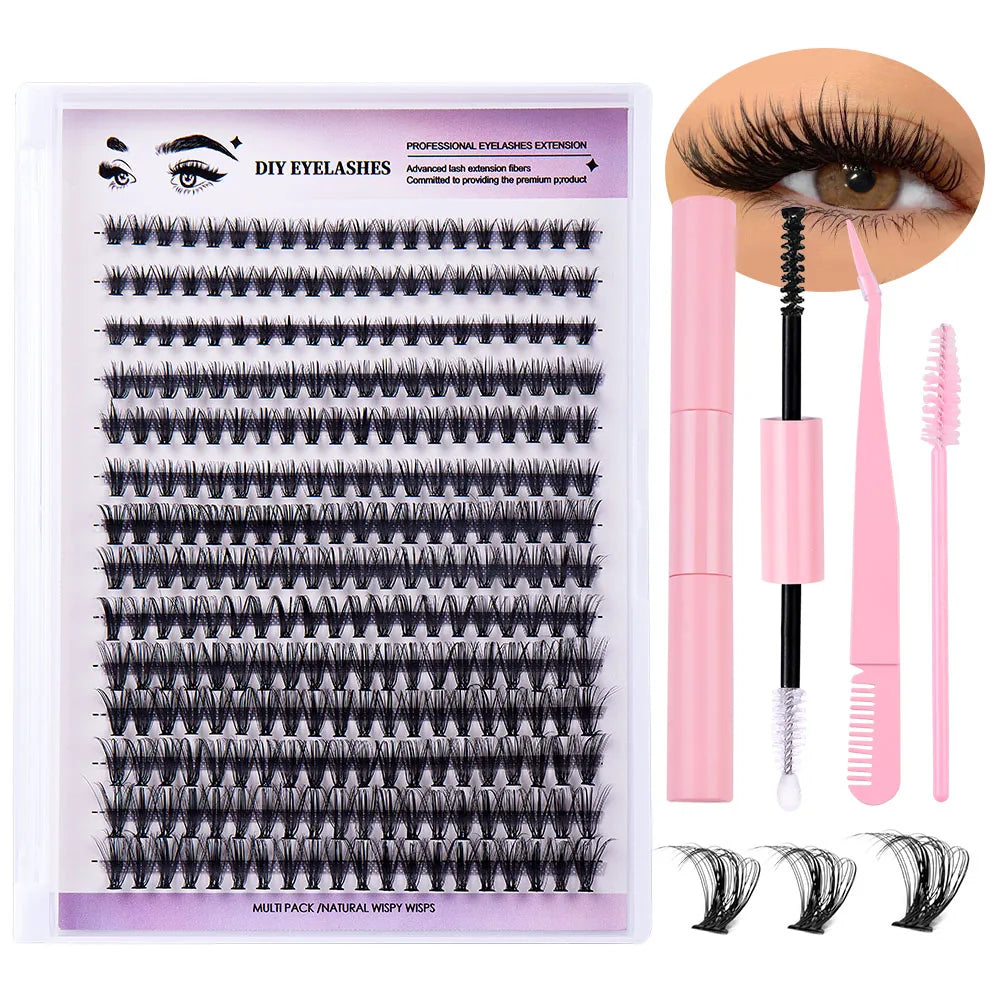 DIY Eyelash Extension Kit, 280 PCS Clusters Slender Stems, Super Fixed Mascara Brush Bond and Seal Eyelash Glue and Eyel