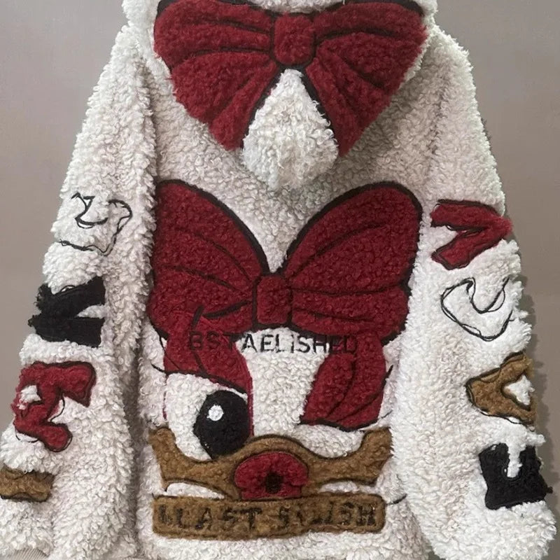 Oversize Winter Clothes Women New Heavy Craftsmanship Cartoon Daisy Embroidery Lamb Wool and Velvet Hooded Jackets for Women