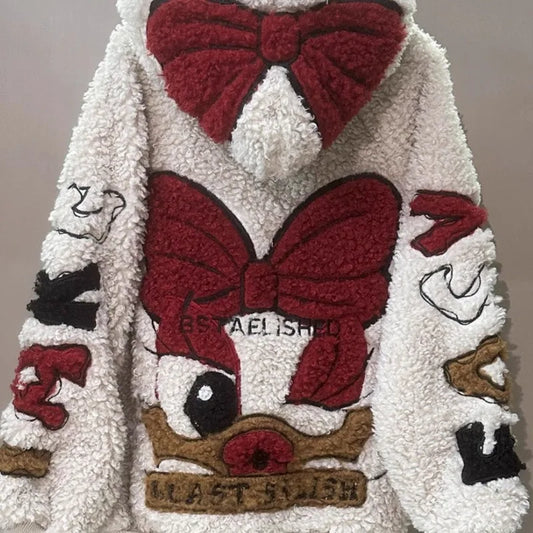 Oversize Winter Clothes Women New Heavy Craftsmanship Cartoon Daisy Embroidery Lamb Wool and Velvet Hooded Jackets for Women