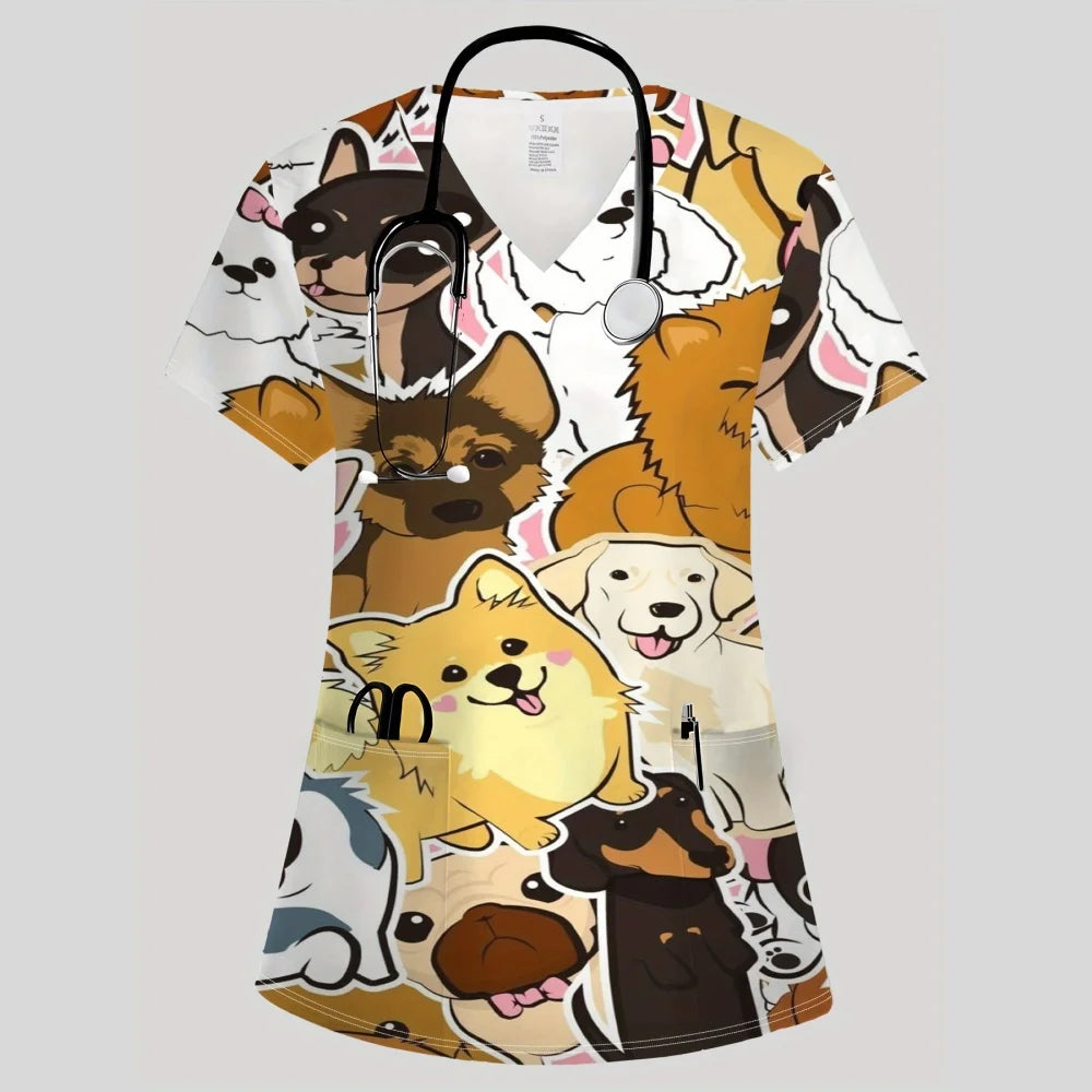 Clinical Uniform Woman Fashion V-Neck Vibrant Pockets T-Shirt Cute Cartoon Print Tops Summer Comfortable Vet Nurse Uniform Woman