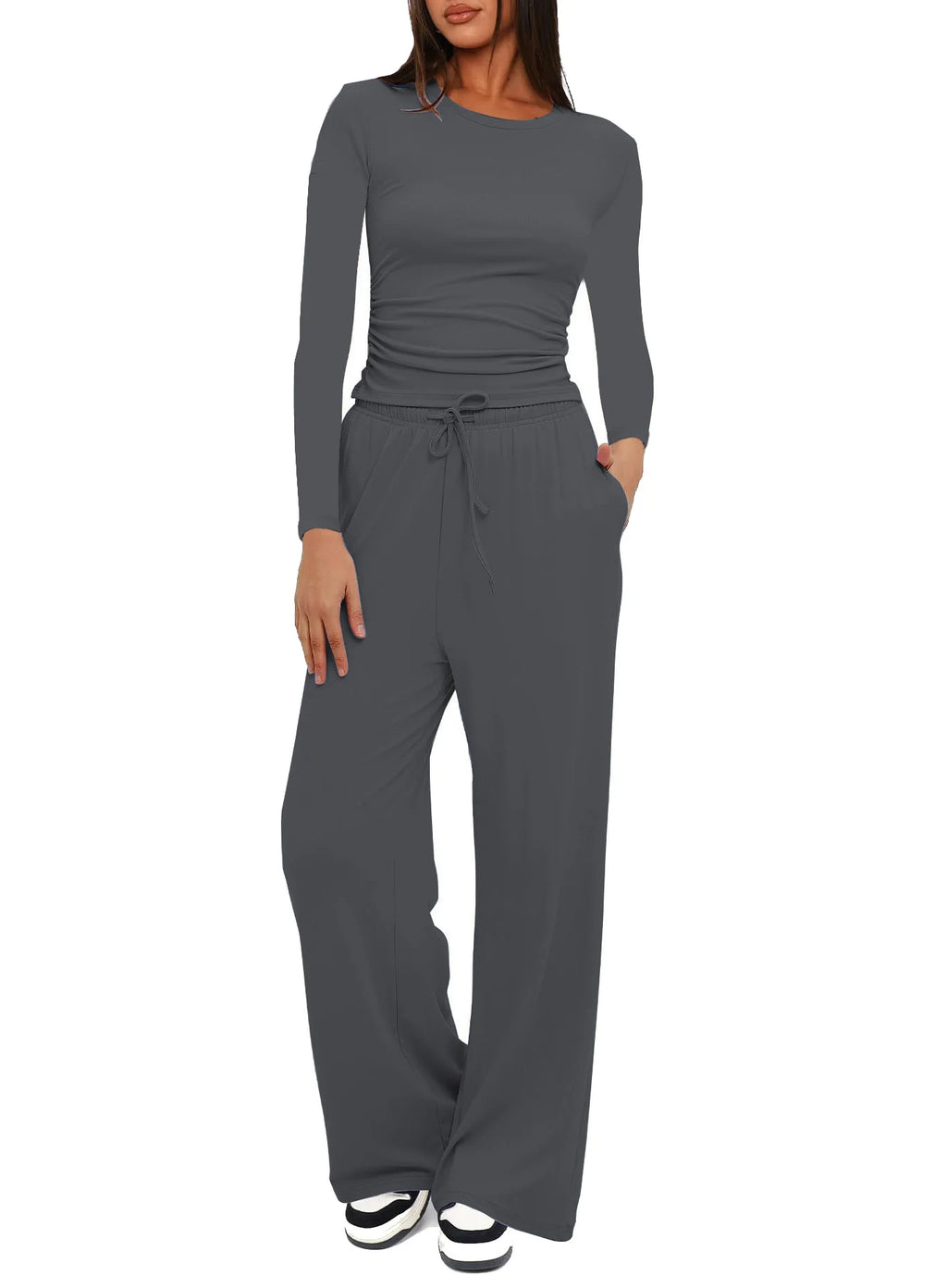Autumn Winter Trend Fashion Women's Two Pieces Set Solid Casual O Neck Long Sleeve T-shirts & High Waist Wide Leg Pants Sets