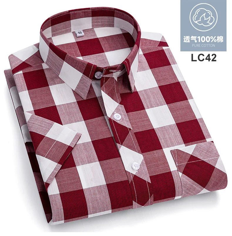 Plus Size 8XL 7XL New Men's Shirts Short Sleeve Cotton Plaid Shirt Summer Fashion Thin Soft Classic Basic Casual Male Clothing