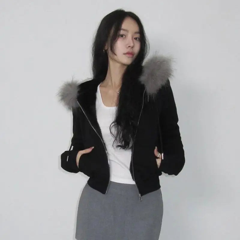 Patchwork Furry Hooded Sweatshirt for Women Y2k Tops Streetwear Casual Hoodies 2025 Ropa Mujer Korean Fashion Zipper Crop Hoodie