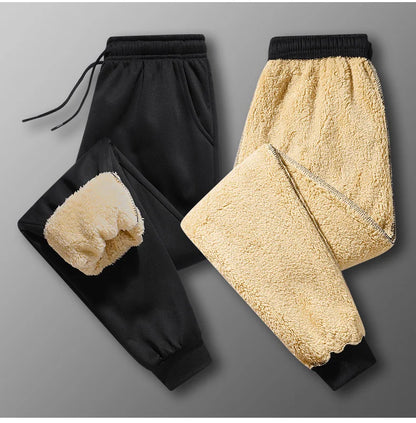 Pants for men in autumn and winter, thickened with fleece for outerwear, casual pants, warm lamb wool sports sweatpants