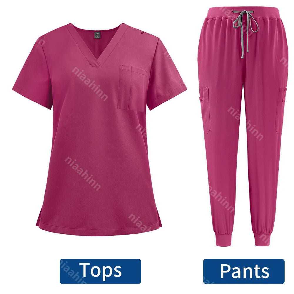 Niaahinn Surgical Uniforms Women Scrub Set Medical Nursing Workwear Dental Clinic Doctor Scrubs Tops+Pants Spa Work Unifrom Suit