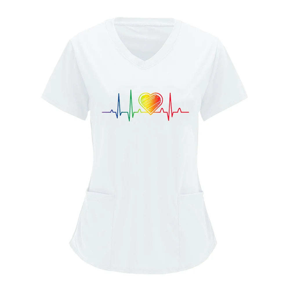 Women T-shirt Working Uniform Print Pocket Pet Grooming Nurse Uniform Clothing Hospital Solid Short Sleeve Spa V-Neck Scrub Tops