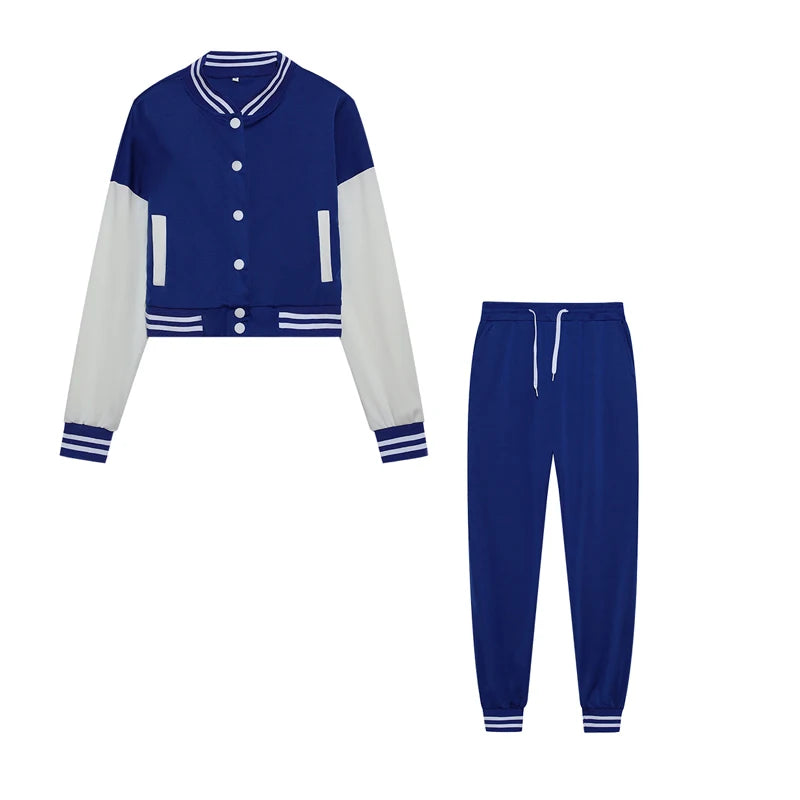 New Women's Stitching Jacket Single-breasted Baseball Sports Two-piece Suit