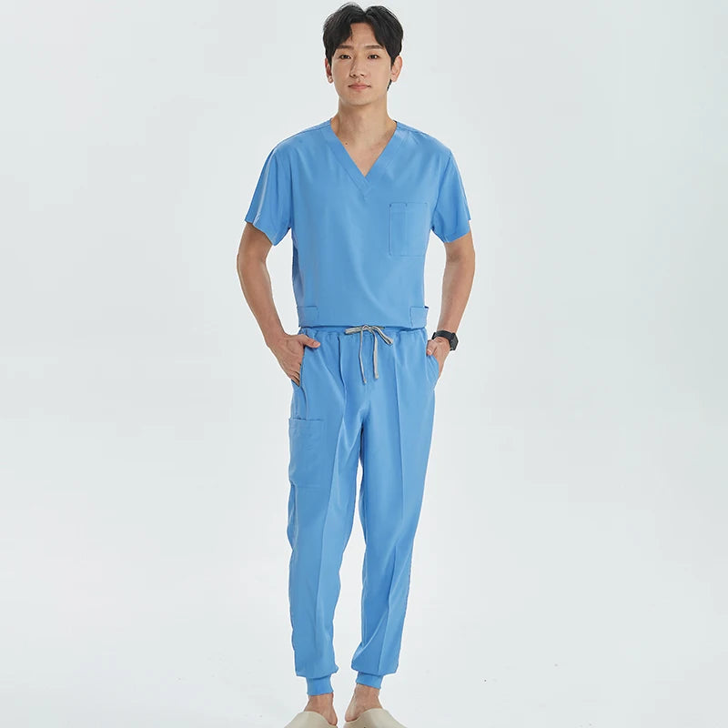 Green Hospital Work Uniforms Short-sleeved Doctor Outfit Clinical Scrub Set for Women Men Nurse V-neck Top Jogger Pant Scrub S21