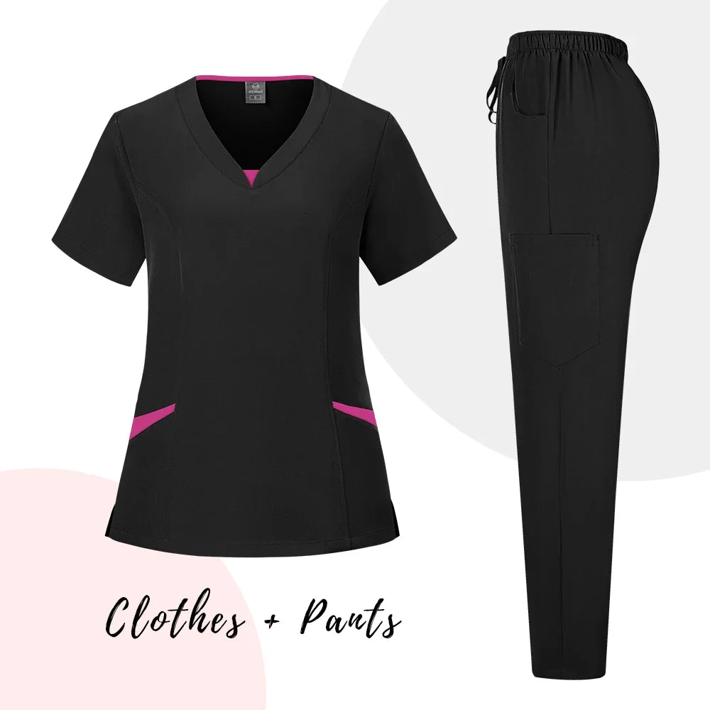 New Scrubs Uniform Suit Short Sleeve V-neck Tops+ Pants Set Nursing Uniform Women Multicolor Pet Doctor Scrub Medical Workwear
