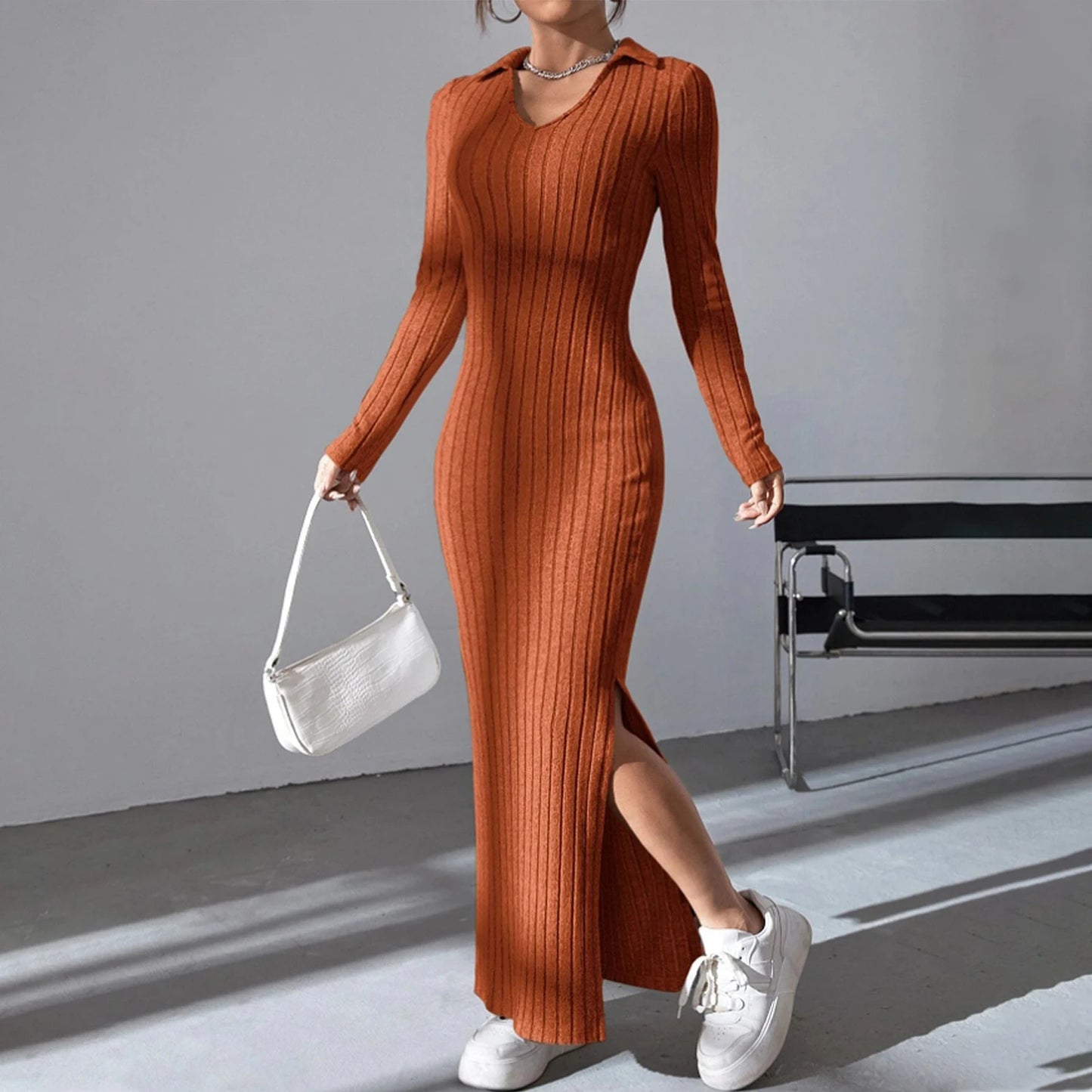 Women's Fall Winter Knitted Dress Long Sleeve Lapel Collar Solid Color Bodycon Long Dress Going Out Dress