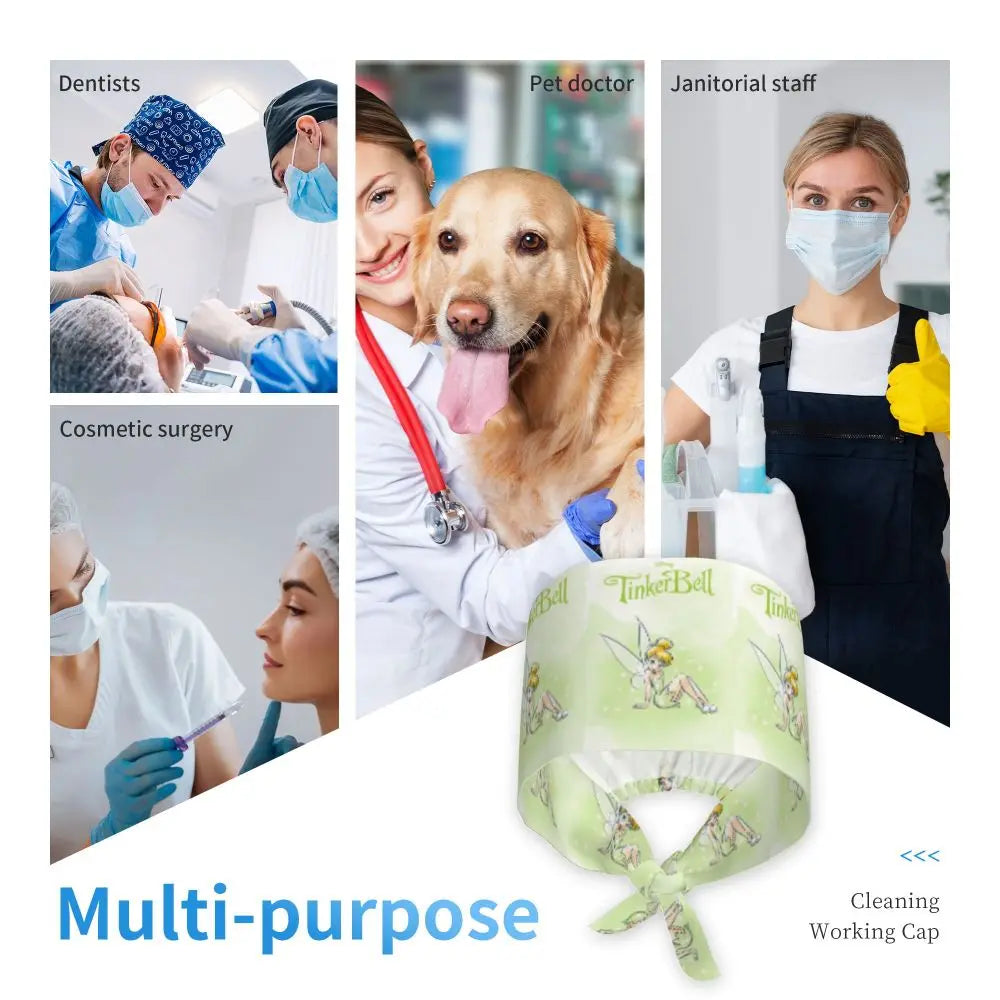 Custom Tinker Bell Breathable Nursing Work Cap Surgical Scrub Caps Unisex Nurse Medical Cap Cartoons Scrubs Hat Medical Surgical