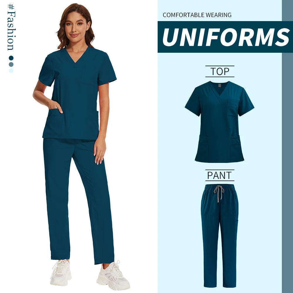 Nursing Operating Room Clothes Medical Scrubs Uniform Women Nurse Scrub Set Pocket Top+Pants 2 Piece Suit