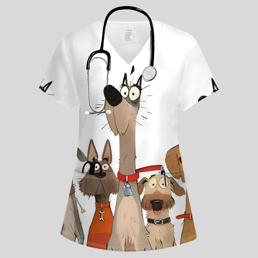 Clinical Uniform Woman Fashion V-Neck Vibrant Pockets T-Shirt Cute Cartoon Print Tops Summer Comfortable Vet Nurse Uniform Woman