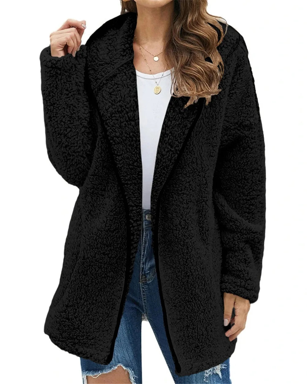 Autumn and Winter New Casual Solid Colour Lapel Hooded Long-sleeved Plush Sweater Fleece Jacket