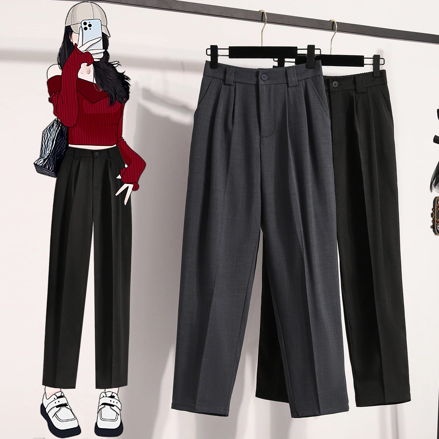 Plus Size Pants For Women Spring Summer 2025 New Korean Fashion High Waist Suit Pants Women Gray Or Black Casual Trousers Female