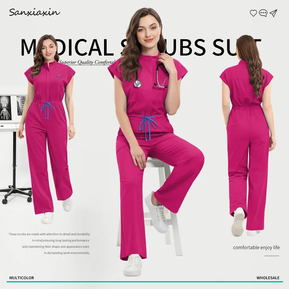 Slim Fitting Elasticity Scrubs Workwear Operating Room Medical Uniforms Nurse Scrubs Jumpsuit Women Solid Color Surgery Clothing