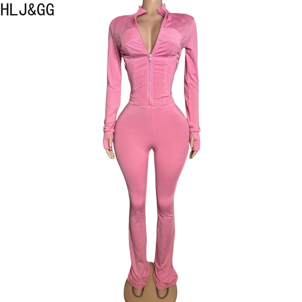 HLJ&GG Casual Solid Sporty Two Piece Sets Women Zipper Long Sleeve Slim Top And Skinny Pants Outfits Spring New 2pcs Tracksuits