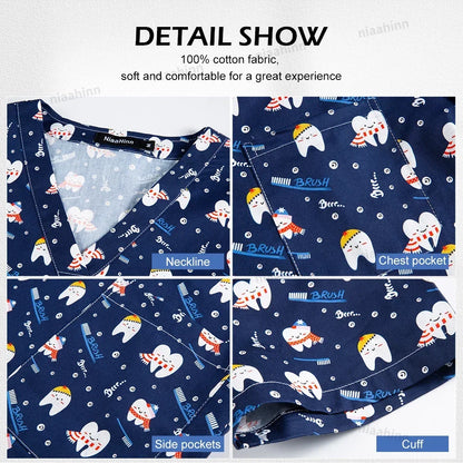 Cotton Printed Medical Uniforms Nurse Accessories for Work Doctor's Surgical Scrub Cartoon Pattern Short Sleeved Shirt Women Men