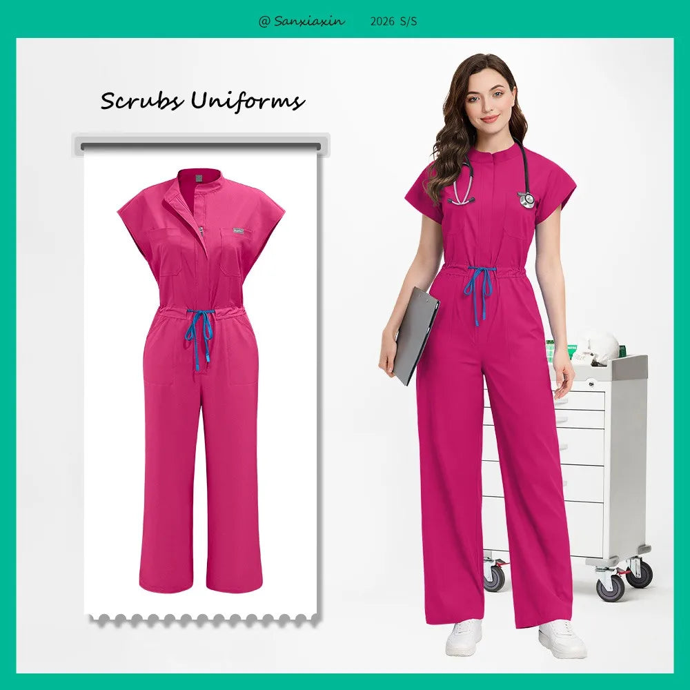 Slim Fitting Elasticity Scrubs Workwear Operating Room Medical Uniforms Nurse Scrubs Jumpsuit Women Solid Color Surgery Clothing