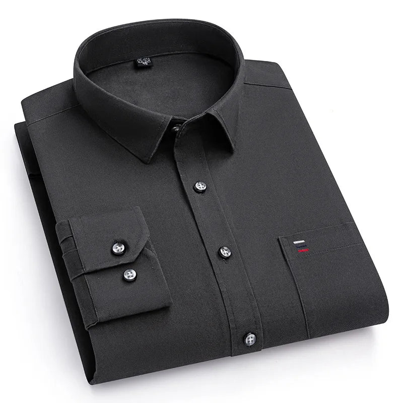 S-7XL New 100% Pure Cotton Men's Shirts Long Sleeves Solid Color Soft Regular Fit Casual Shirt Pocket Social Blouse Male Clothes