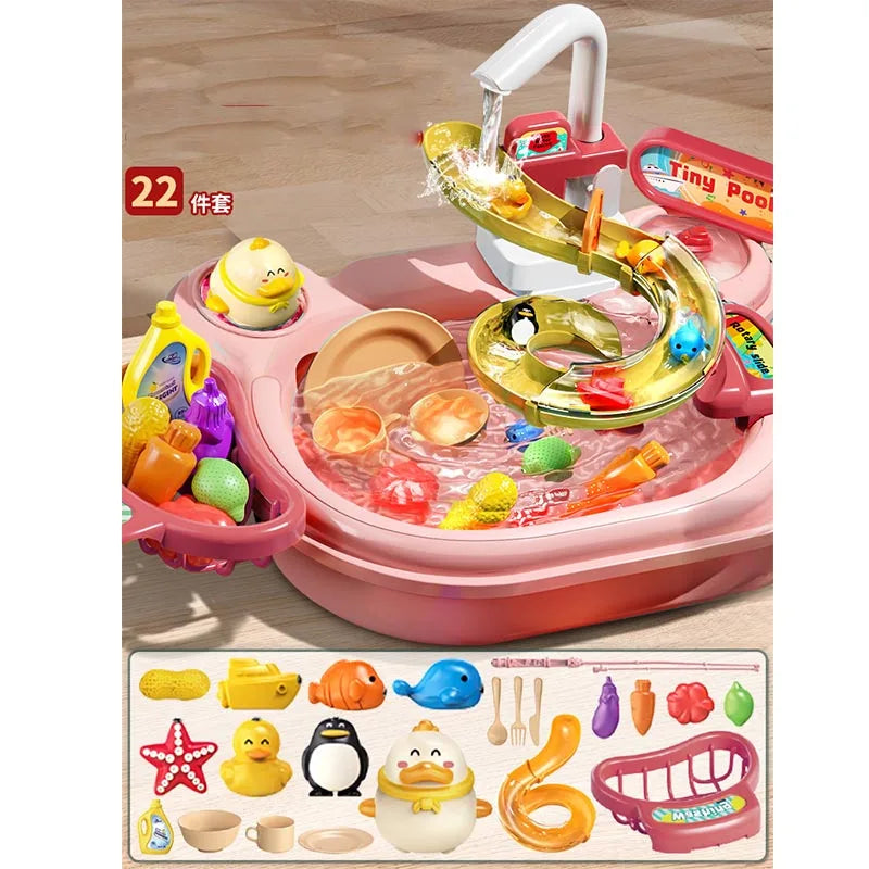 Children's Fishing Toys Electric Pretend Play Toys Dishwashing Basin Toys Gift Kitchen Interactive Toys 2-in-1 Slide Fishing Toy