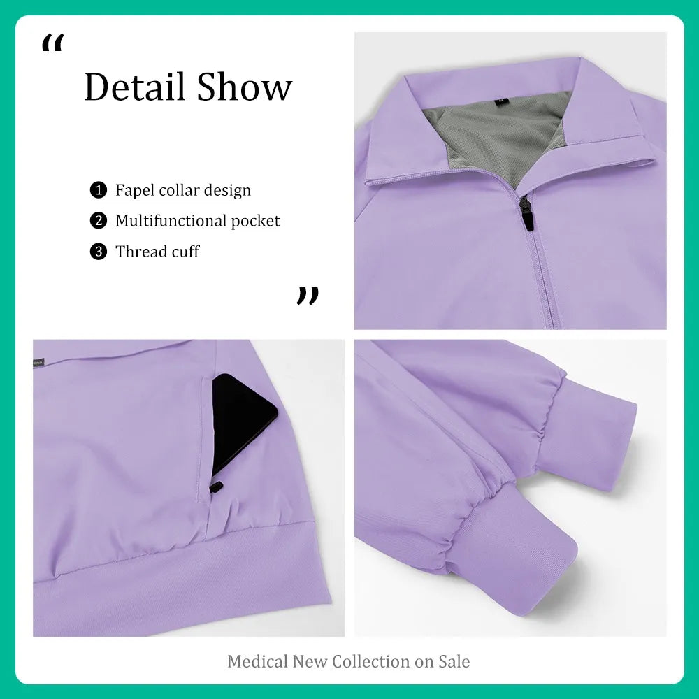 Long Sleeved Medical Scrub Jacket Pharmacy Uniform Women Solid Nurse Hospital Scrub Coat Surgical Uniforms Beauty Salon Workwear