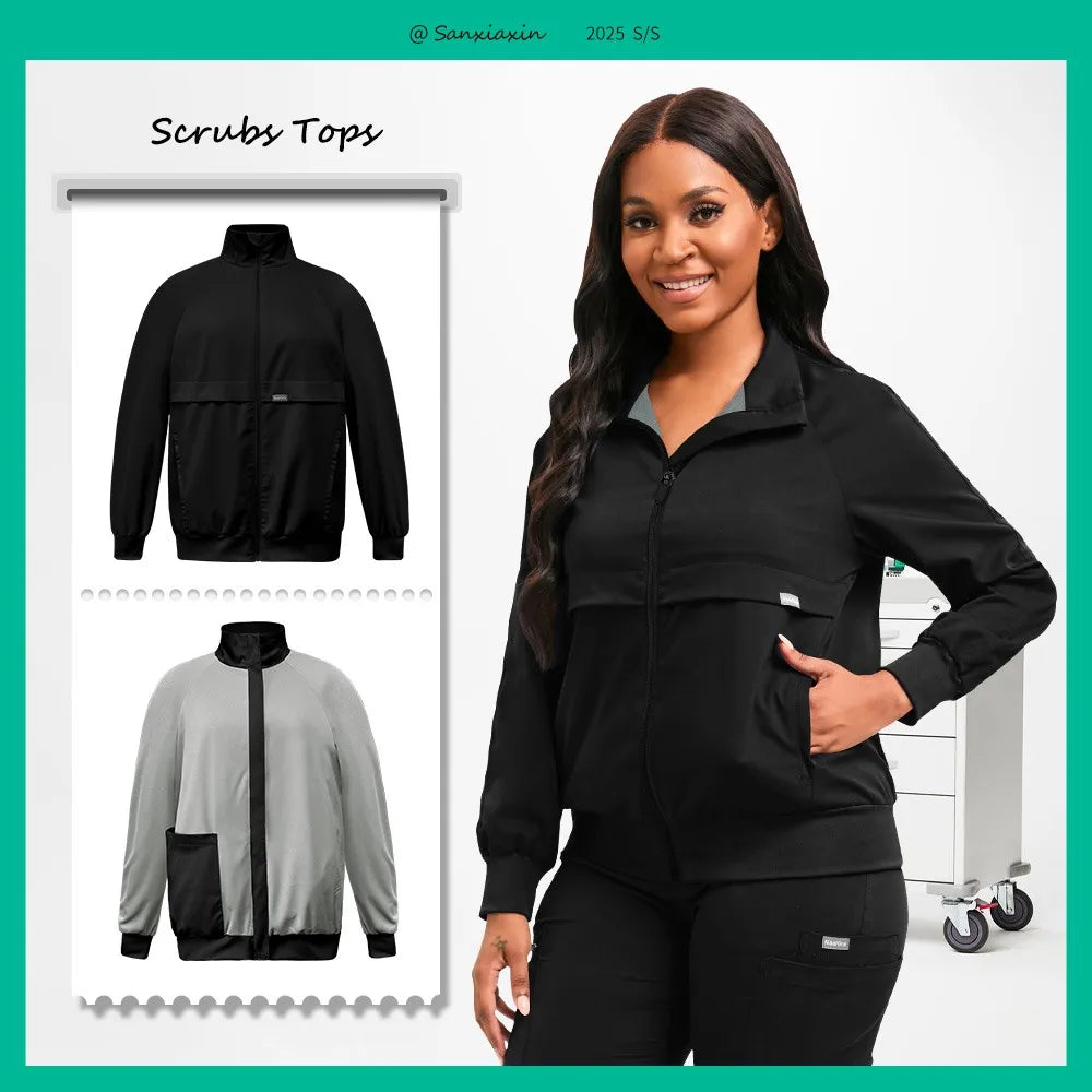 Long Sleeved Medical Scrub Jacket Pharmacy Uniform Women Solid Nurse Hospital Scrub Coat Surgical Uniforms Beauty Salon Workwear