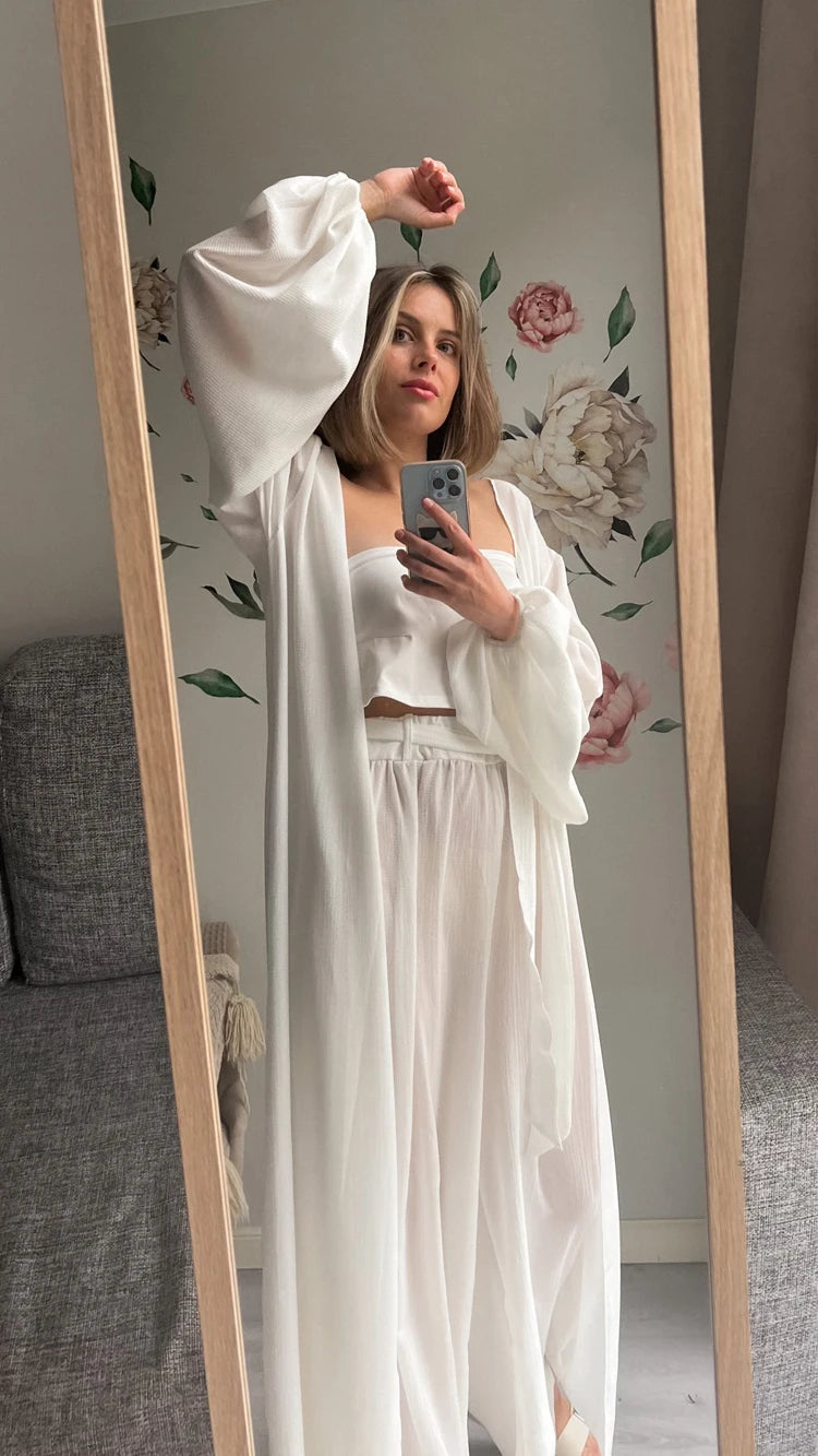 Women 3 Piece Sets Homewear Fashion Casual Lantern Sleeve Cardigan Tops+Wide Leg Pants Suits Lady Spring Soft Three Piece Outfit