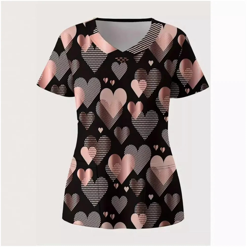 Clinical Uniform Woman V-Neck with Pocket Nurse Uniforms Comfortable Valentine's Day 3D Pattern Printed Women's Medical Uniform